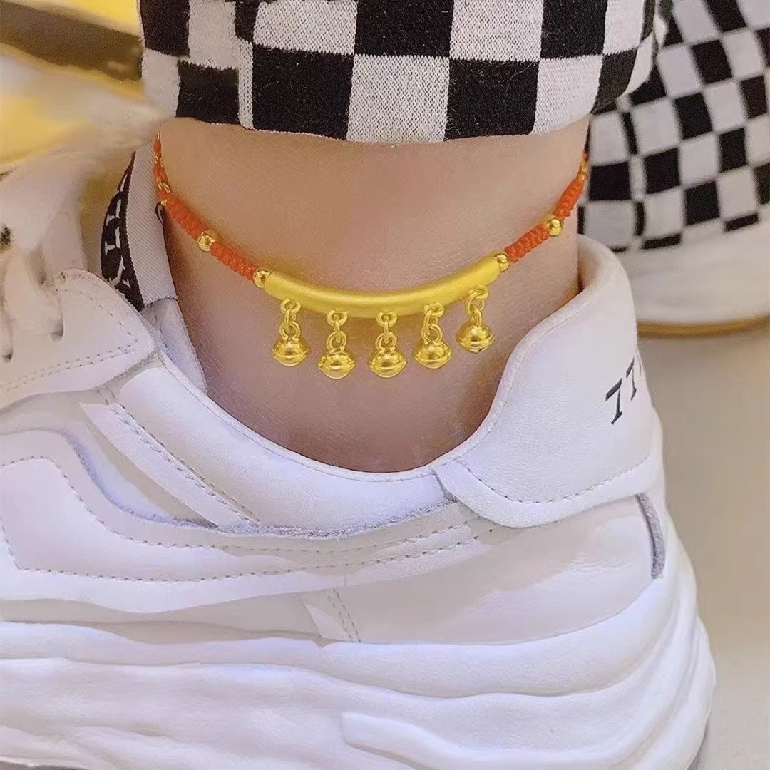 铜合金脚链 金色弯管铃铛脚链国风唯美幸运珠脚绳珠红绳编织脚饰