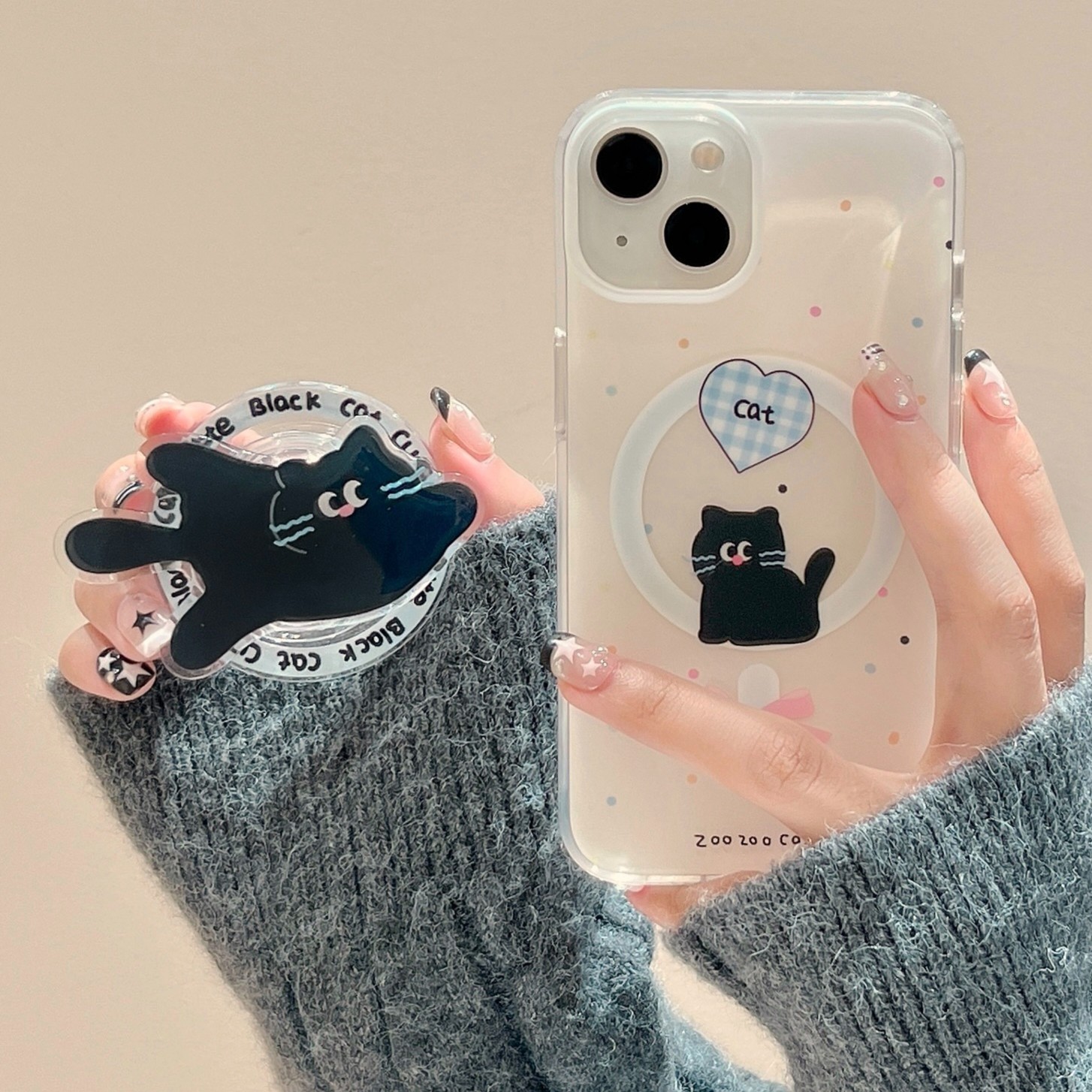 趣味可爱小黑猫磁吸支架适用iphone15手机壳苹果14ProMax新款13女