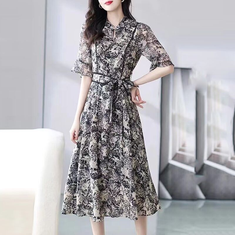 2023新款夏天时尚碎花连衣裙女洋气减龄显瘦气质雪纺过膝裙子k622