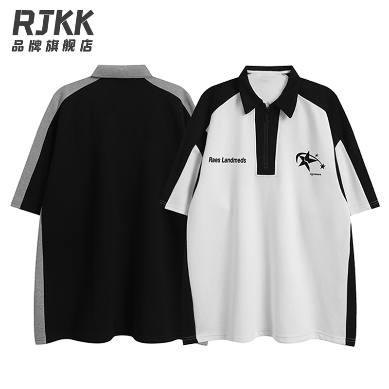rjkk美式撞色简约polo衫短袖女热恋情侣装翻领设计感t恤百搭半袖