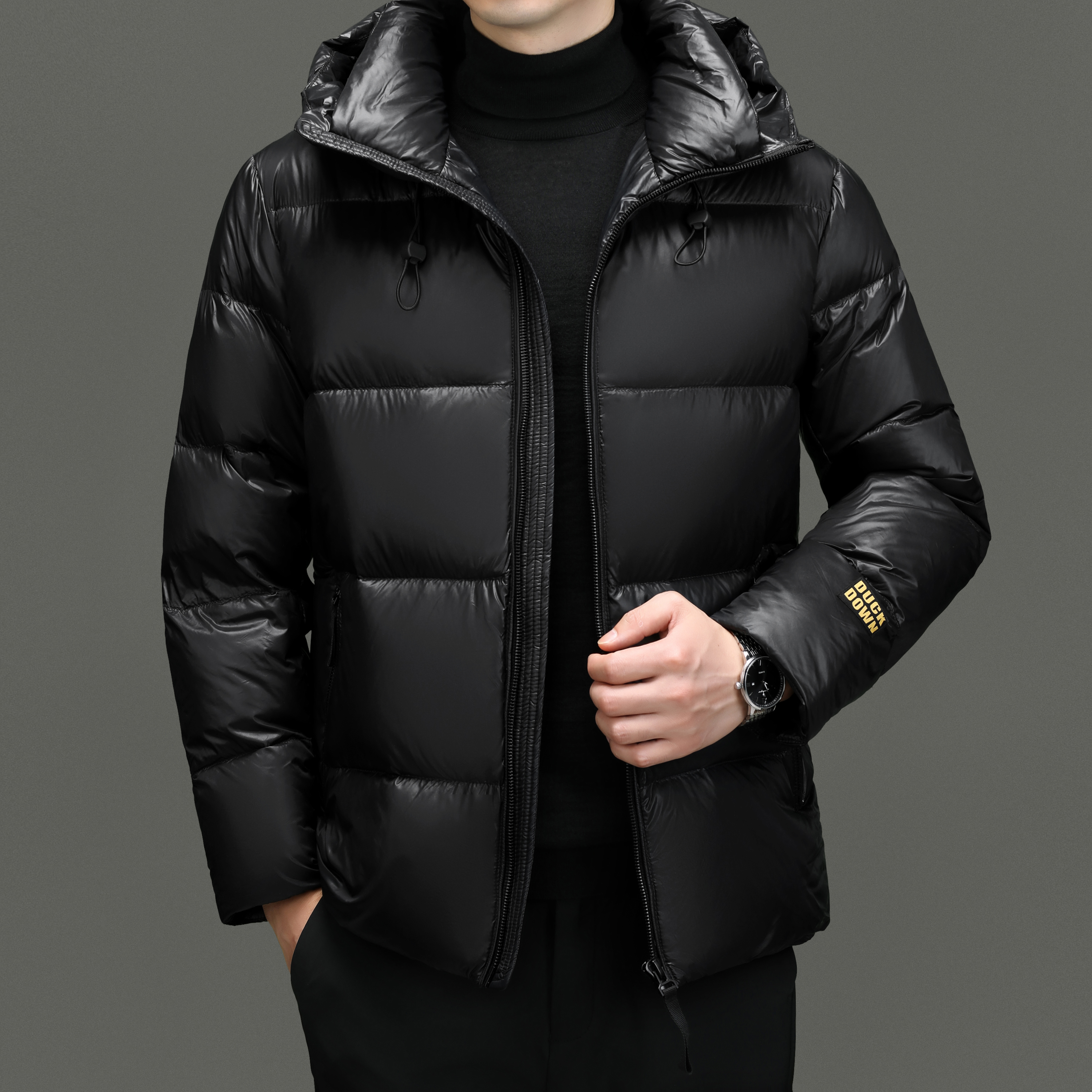 冬季阿玛尼男士休闲黑金羽绒服连帽时尚鹅绒青年外套加厚防寒保暖