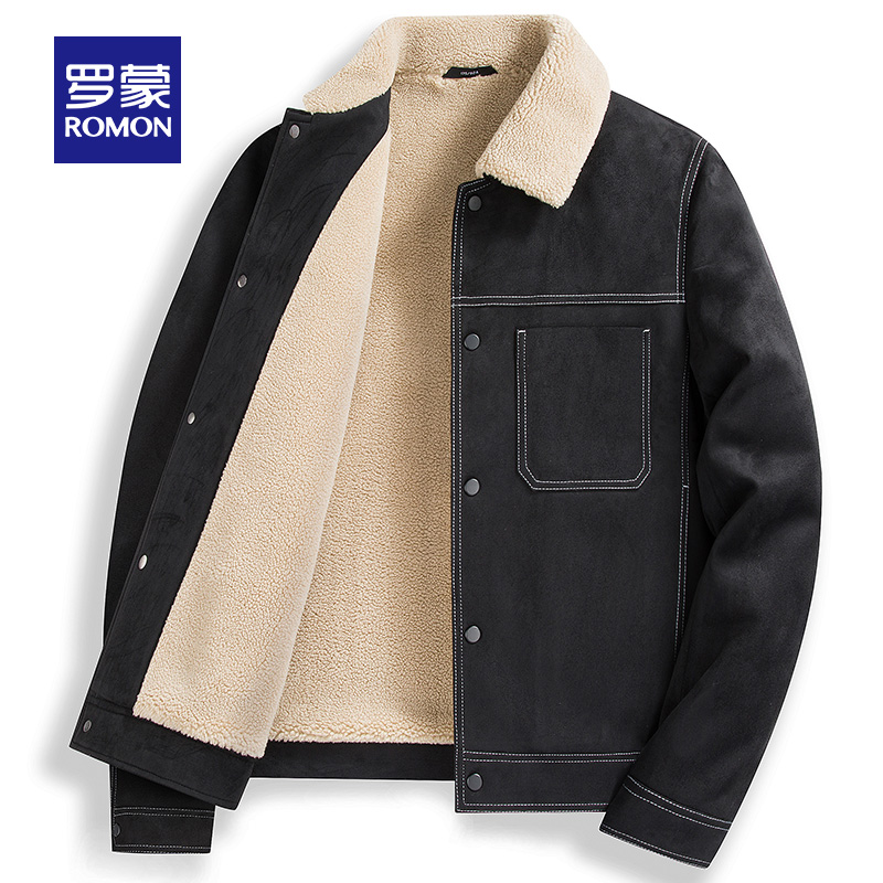 D罗蒙男士翻领加棉休闲夹克仿麂皮绒秋冬保暖外套男