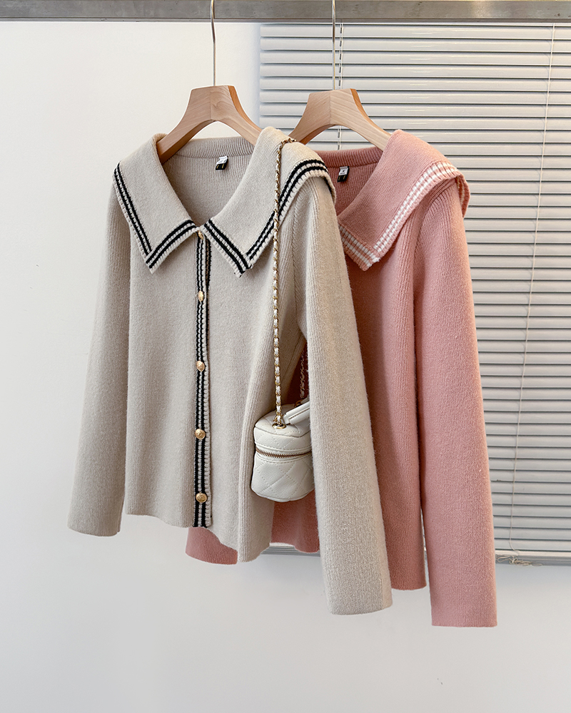 实拍2023年冬季大码女装mm减龄娃娃领针织开衫厚款毛衣外套69059