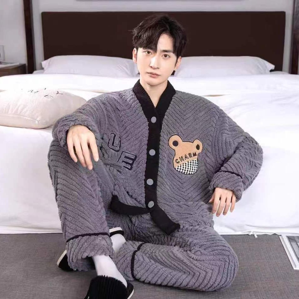 【冯漂亮2023保暖系列】H008#XYSJ男珊瑚绒人字纹小熊家居服套装