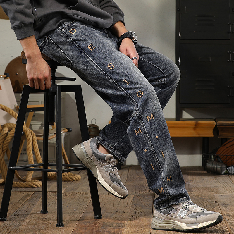 潮流男款牛仔裤秋季新款日系修身刺绣复古怀旧直筒牛仔裤XY-609