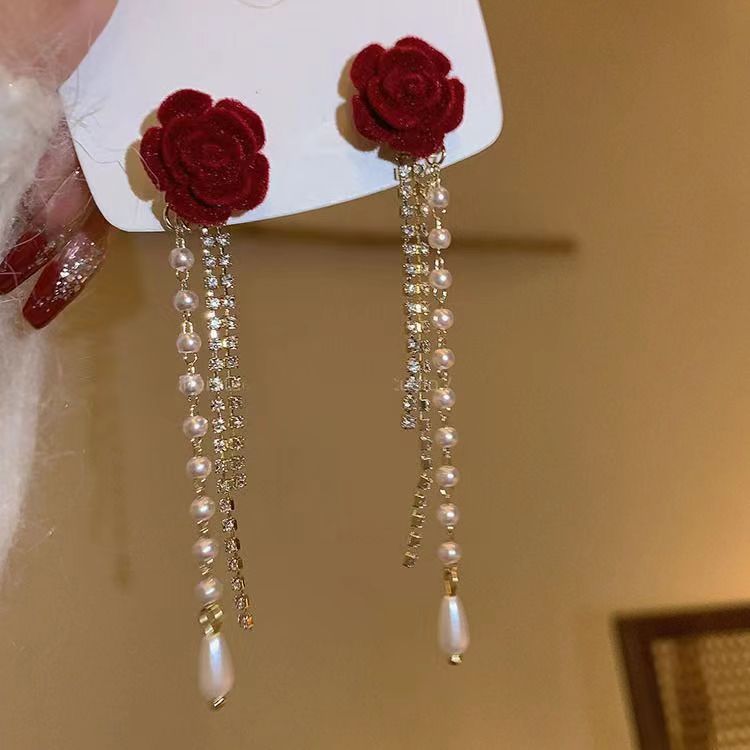合金耳饰 秋冬复古红丝绒玫瑰花耳坠高级感长款流苏链条时尚耳环
