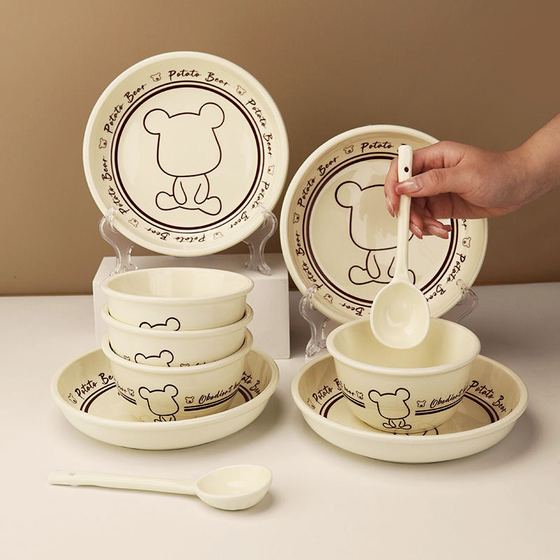 陶瓷卡通可爱奶油熊10件套家用碗陶瓷餐具瓷碗少女心微波炉