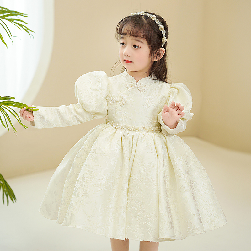 中式女童周岁宴礼服女宝宝春季婴儿儿童抓周主持人花童礼服公主裙