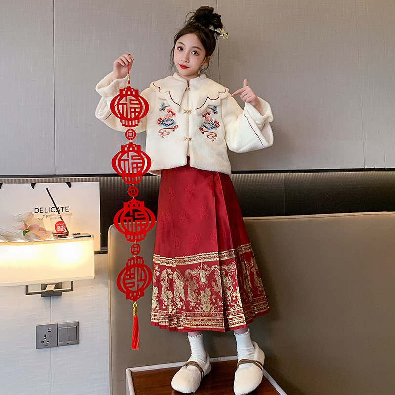 女童汉服马面裙套装冬季2023新款女孩大童古装加厚拜年服儿童唐装