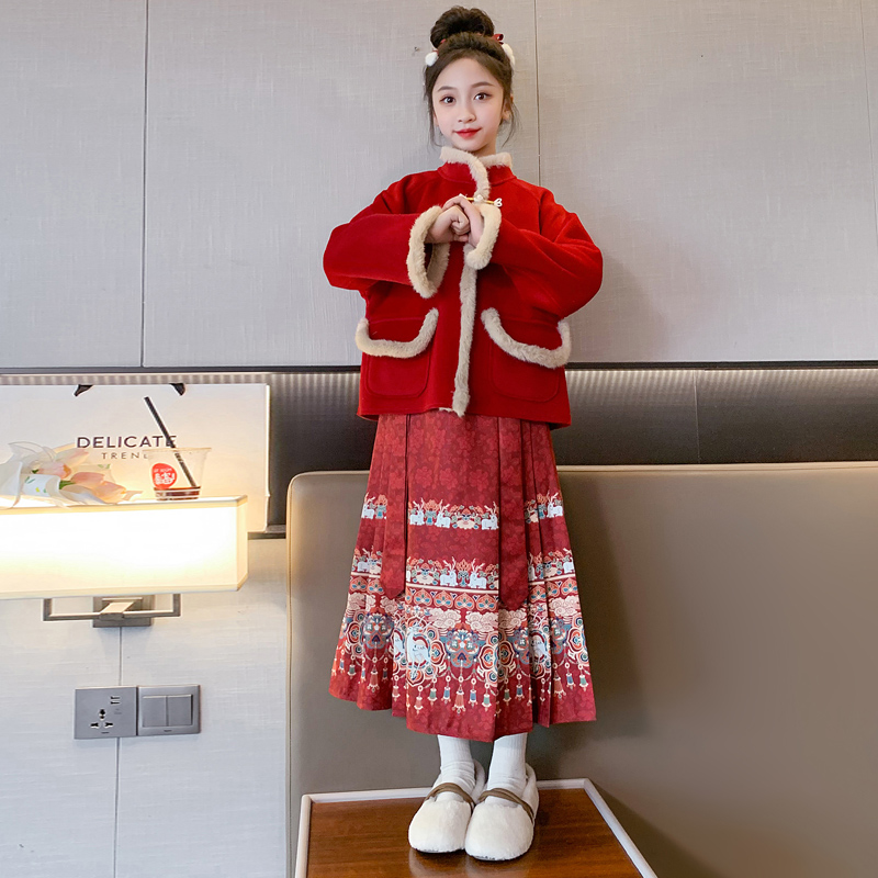 女童马面裙套装冬装2023新款中大童加绒中国风唐装女孩旗袍拜年服