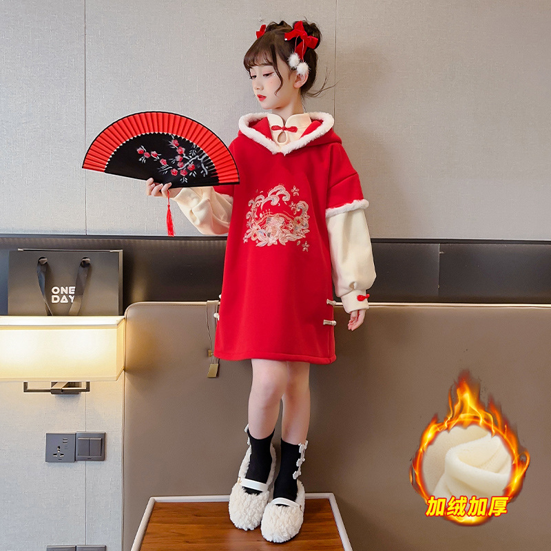 女童汉服连衣裙冬款儿童唐装加绒拜年服过年新年衣服冬季旗袍裙子