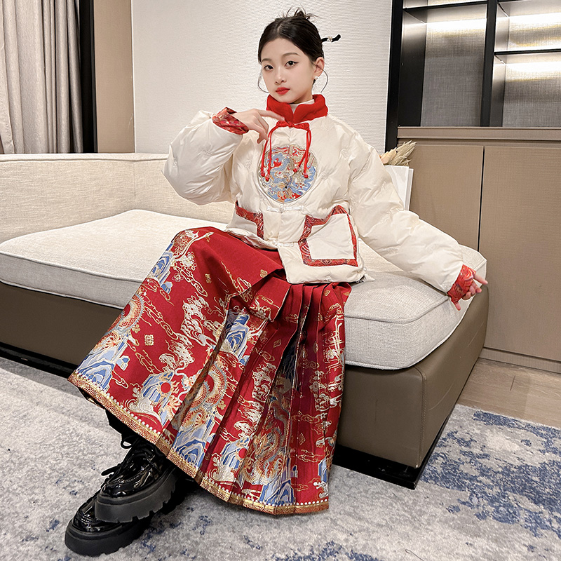 女童冬季龙腾九州汉服羽绒服2023新款中国风织金马面裙套装新年服