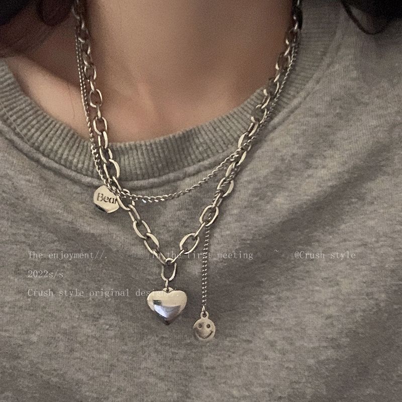 钛钢项链 甜酷辣妹钛钢不掉色笑脸爱心卫衣项链女嘻哈百搭毛衣链