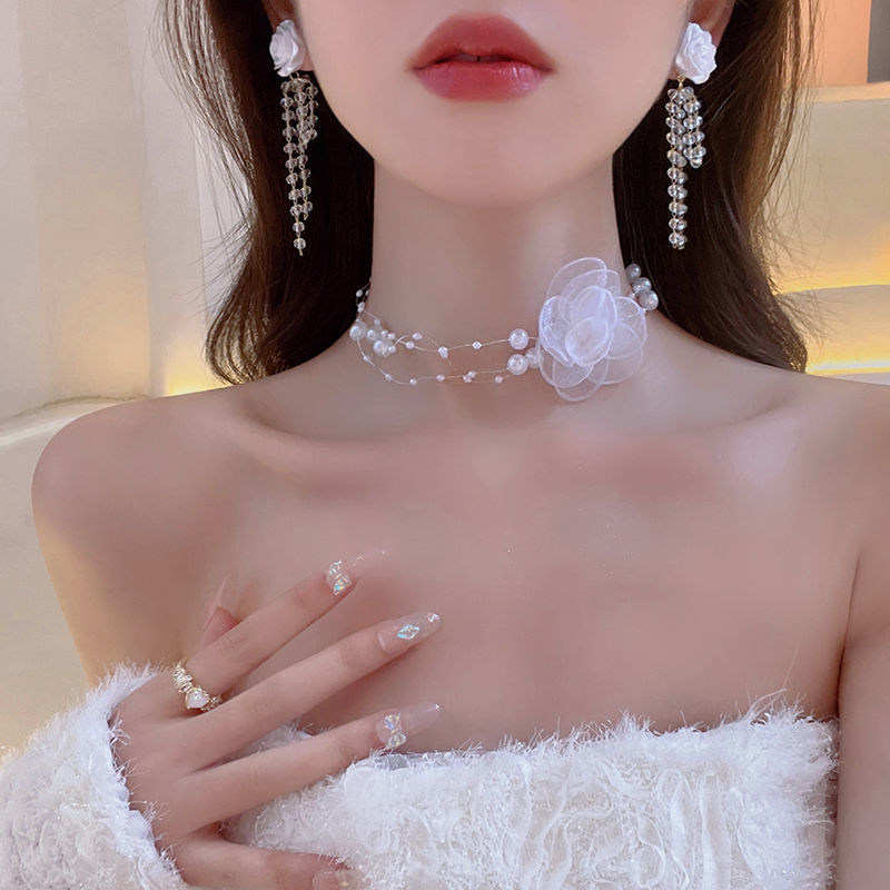 合金项链 合金项链法式浪漫性感优雅花朵珍珠颈链项链脖子锁骨链