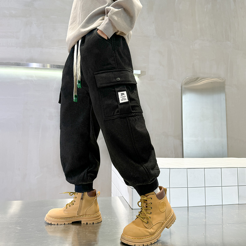 儿童装男童一体加绒裤子秋冬款2023新款中大童冬季加厚男孩工装裤