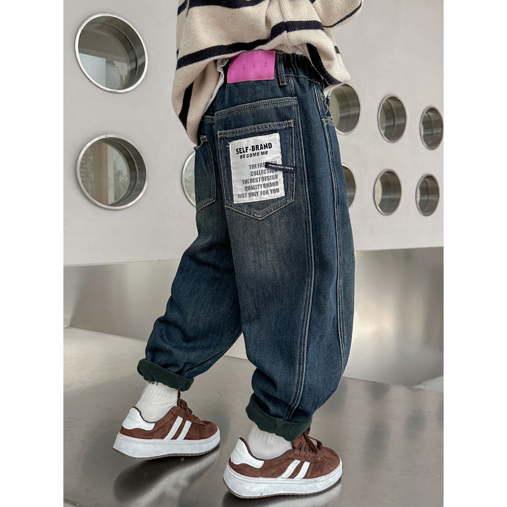 童装男童加绒裤子秋冬款2023新款中大童男孩儿童一体绒加厚牛仔裤