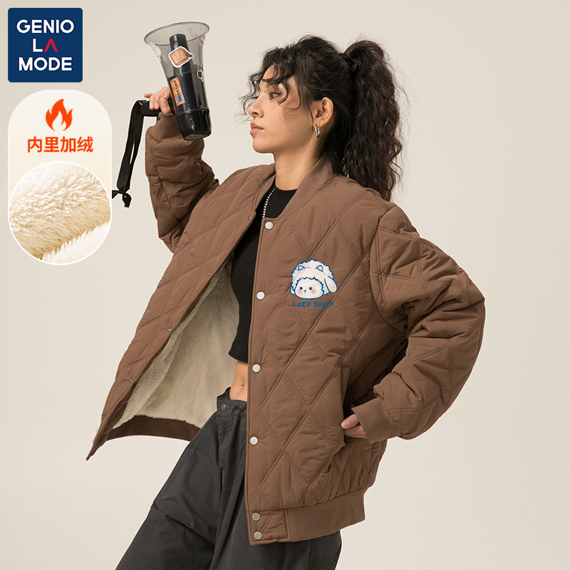 GENIOLAMODE加绒加厚棉服秋冬季2023新款美式男女同款宽松棒球衫