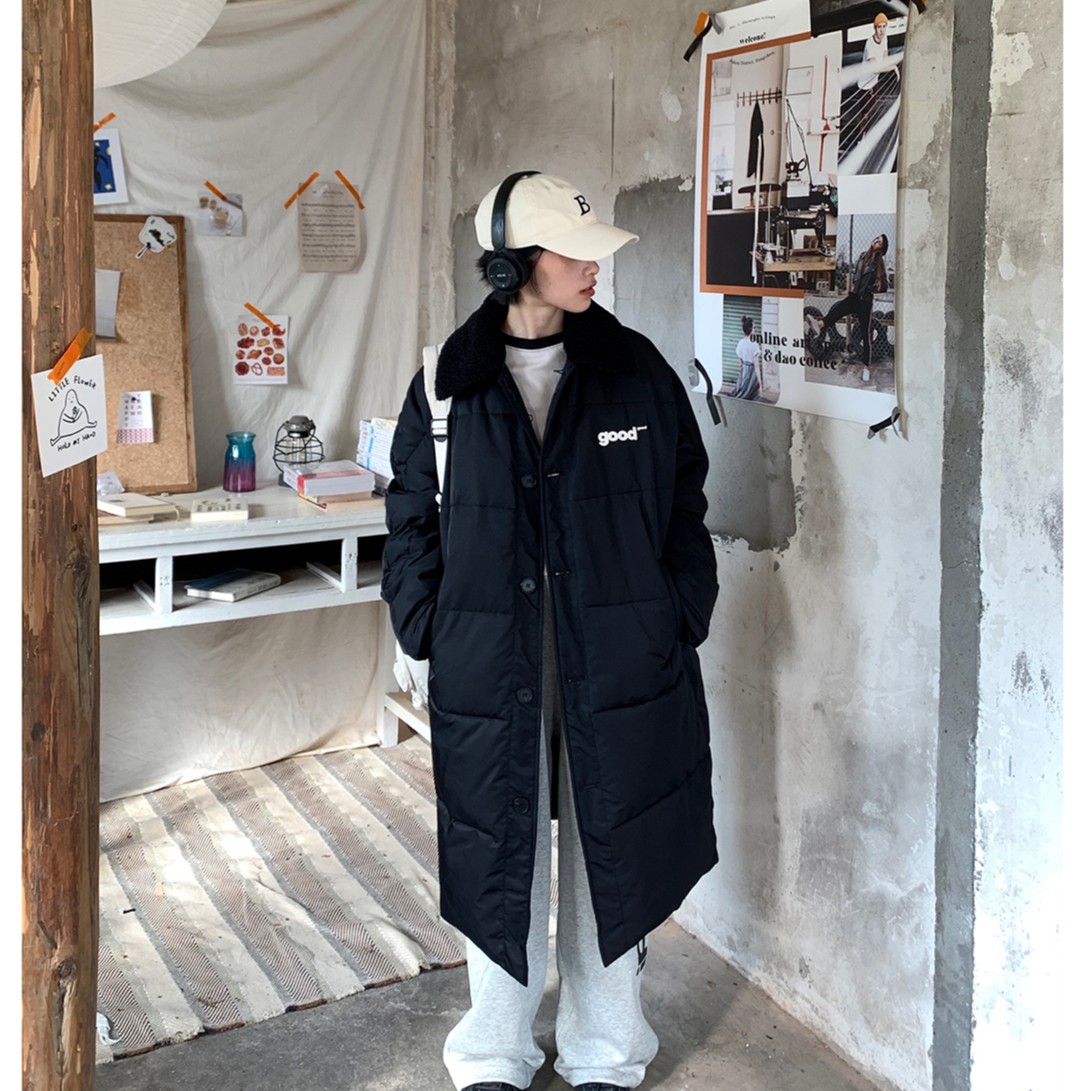 美好商店meihaostore可拆卸毛领good印花加厚长款棉服