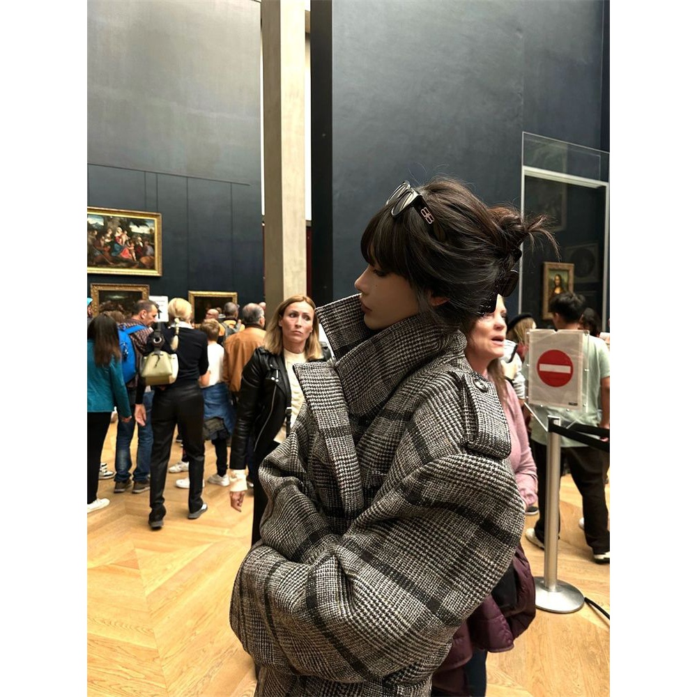 美式御姐风气质格子风衣外套秋冬季新款格纹保暖中长款毛呢大衣女