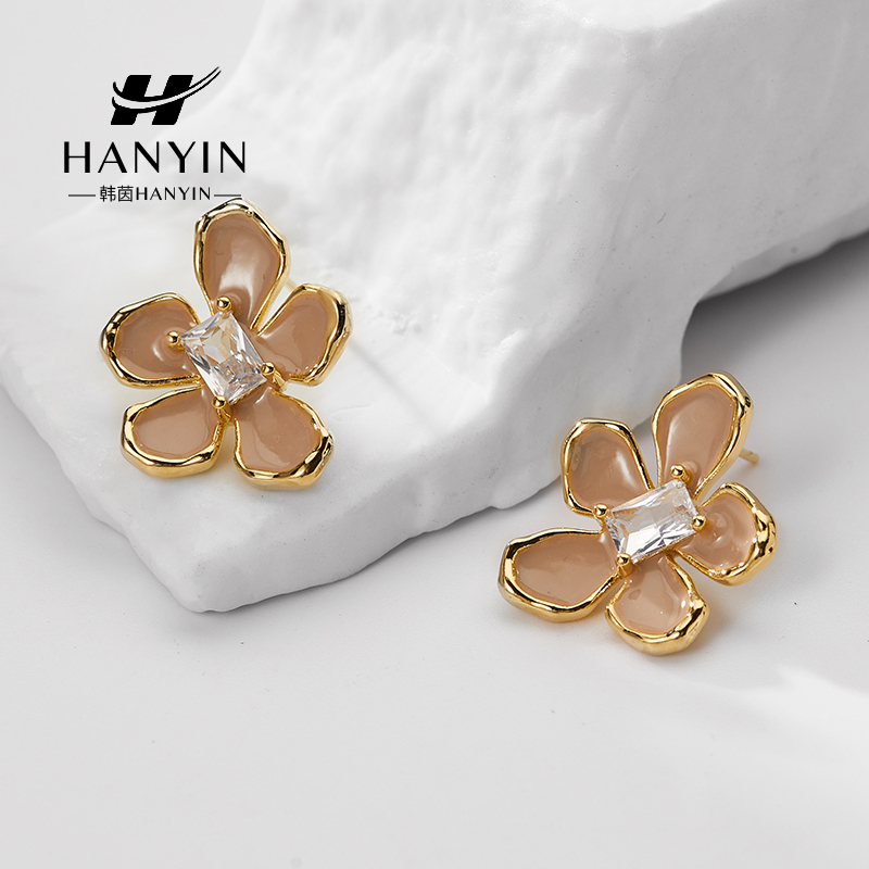 HANYIN/韩茵 铜合金合成锆石耳饰 轻奢高级彩色花朵时尚耳钉法式