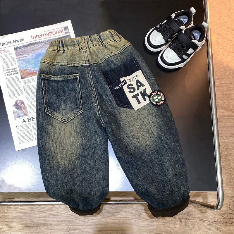 A445冬季儿童洋气百搭加厚一体绒系带皮标牛仔裤