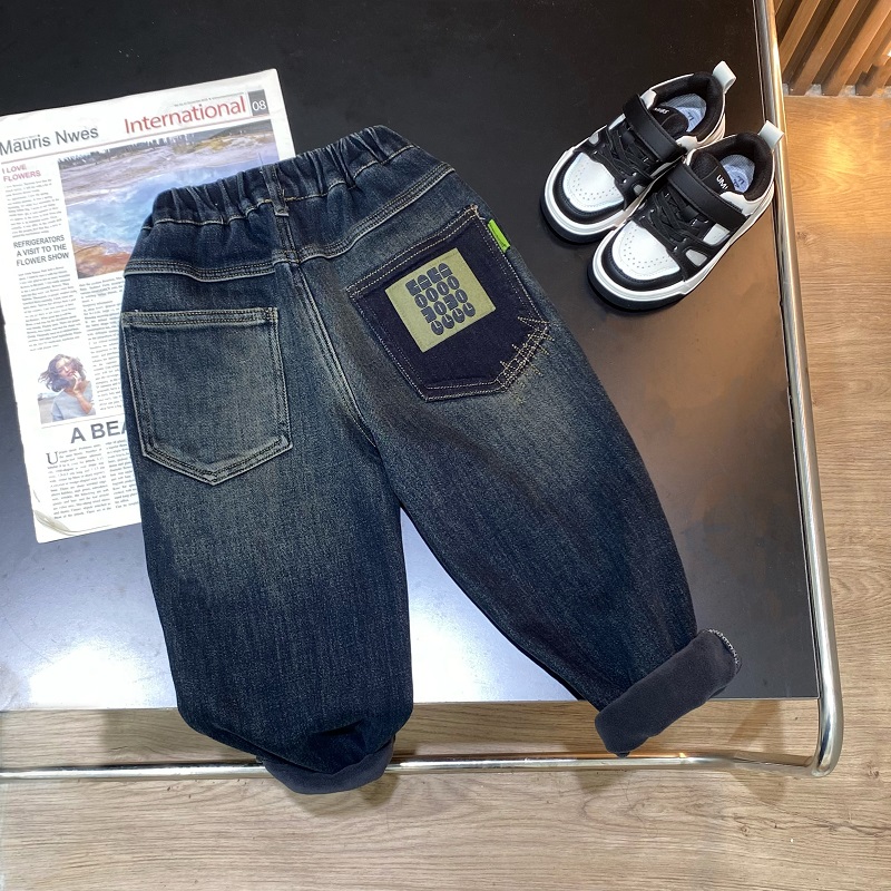 【新潮风】B002男女童2023新款加绒后袋OOOO一体绒牛仔裤