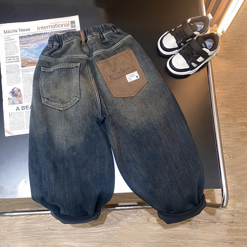 B20冬季儿童新款后袋PUESOA一体绒牛仔裤