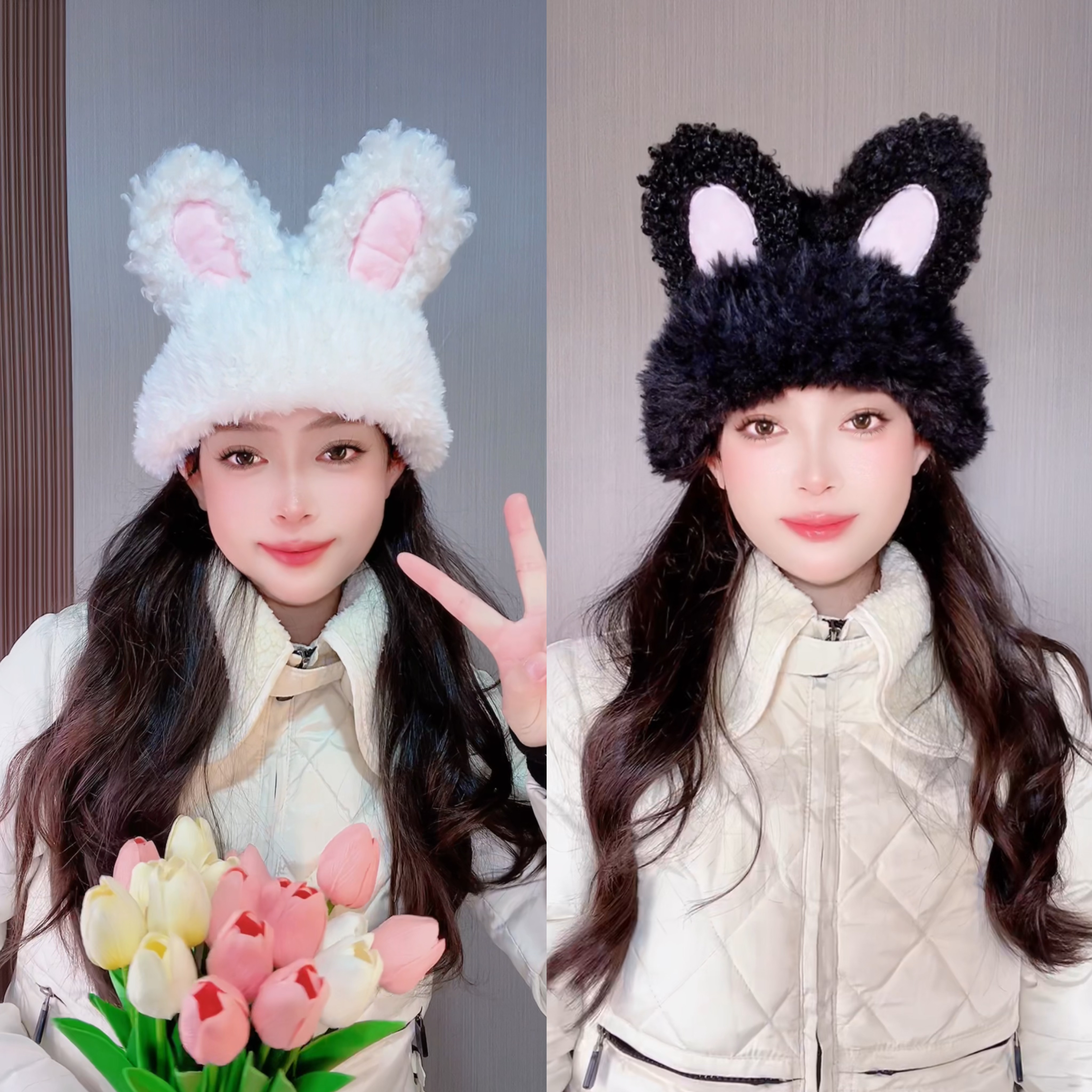 甜美可爱兔子帽秋冬季加厚保暖毛线帽子潮款网红百搭卡通兔子帽