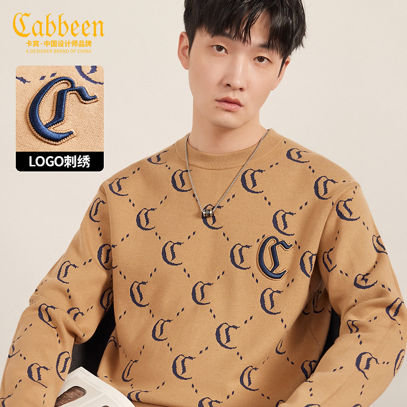 CABBEEN卡宾男装针织衫23春新款宽松老花毛衣休闲线衫3231107014