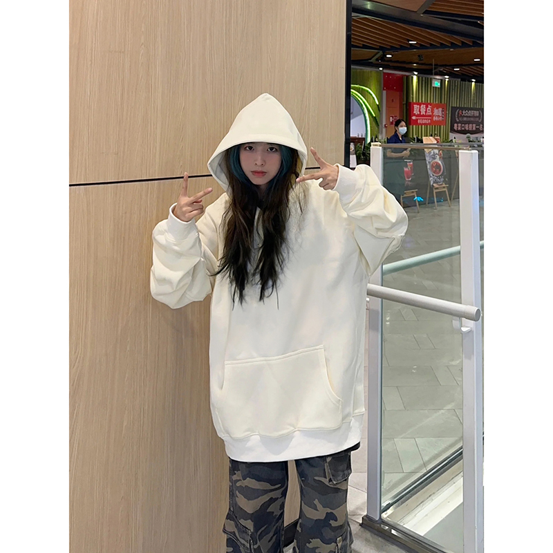 美式oversize纯色情侣卫衣中性风春秋季街头hiphop潮牌连帽上衣服