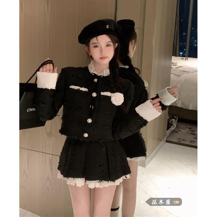 韩系小香风时尚套装裙女夏季2023新款拼接毛呢外套半身短裙两件套