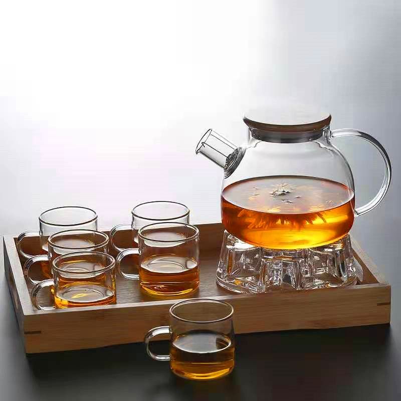 泡茶壶玻璃花茶壶过滤家用竹盖壶蜡烛煮茶耐热大号带盖热水壶套装