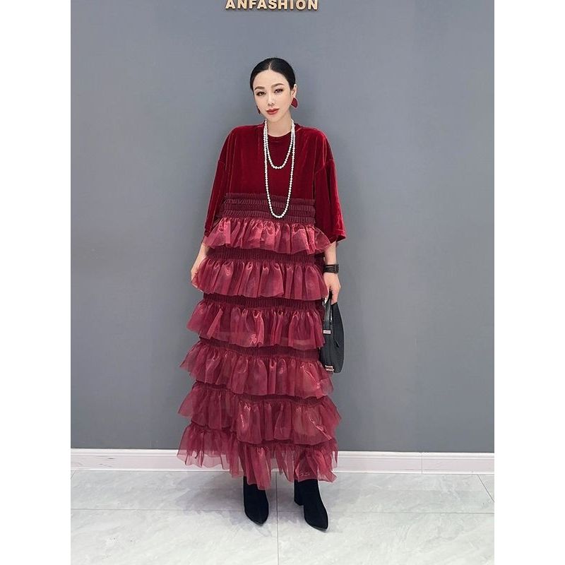 2024春季新款韩版气质重工金丝绒拼接欧根纱套头连衣裙显白显瘦女