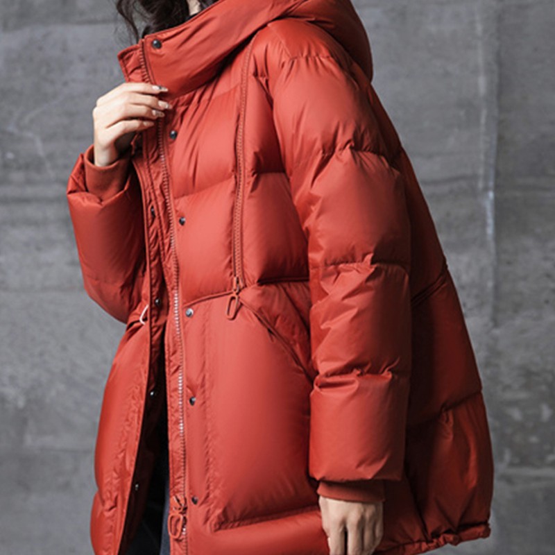 羽绒服女2023加厚保暖90白鸭绒拉链文艺宽松中长款面包服连帽外套