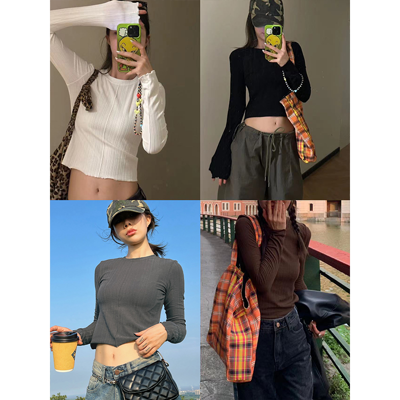 DYANGJUN 【短款打底t恤】女秋季美式纯色打底百搭修身短款长袖T