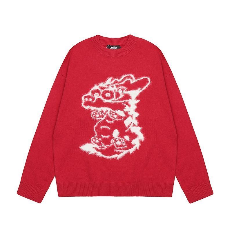 2023秋冬季新款美式龙年喜庆过年红色毛衣男女百搭休闲套头衫6352