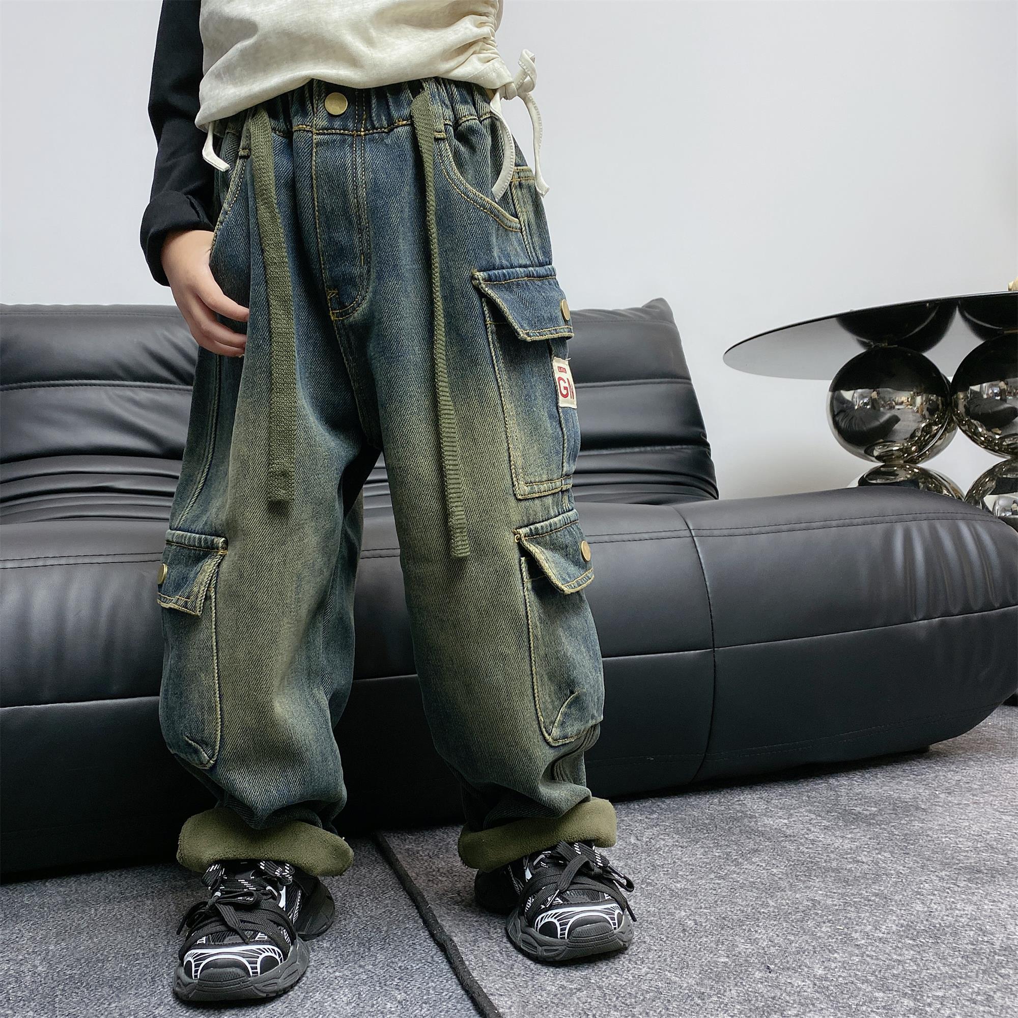 【潮牌牛仔裤】男女孩中大童2023秋季加绒百搭宽松网红工装裤 23586