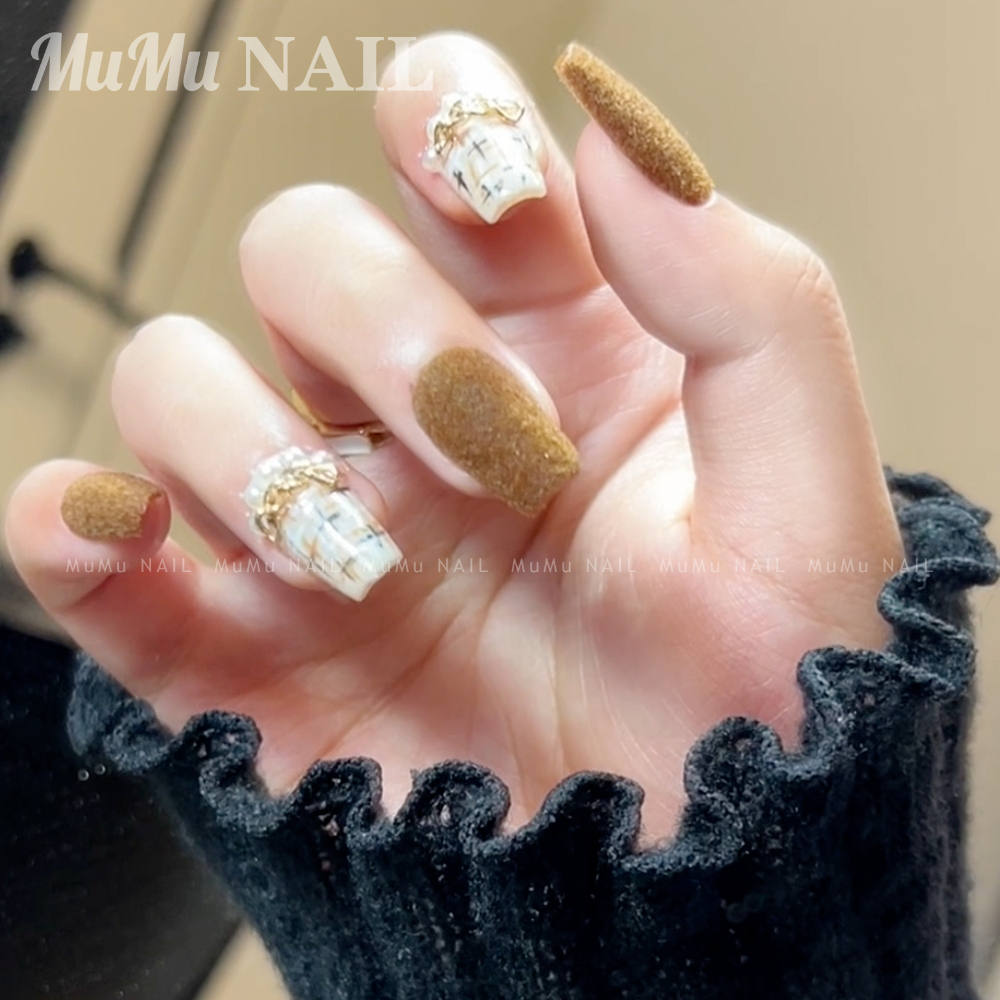 MuMu NAIL【丝绒拿铁】手工光疗穿戴甲 秋冬气质丝绒奶咖色