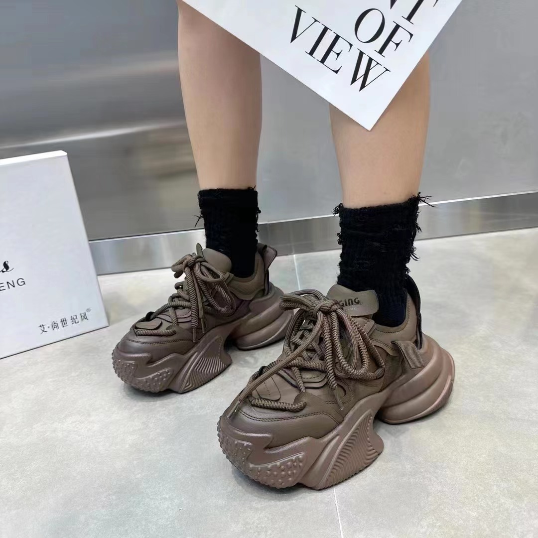 2023春秋爆款纯皮松糕厚底增高小白鞋小个子高颜值甜酷摇摇老爹鞋