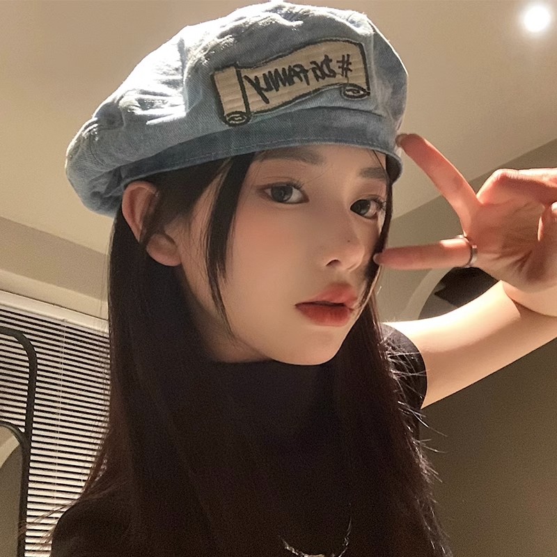 贴布牛仔贝雷帽女春夏季韩版百搭显脸小蓓蕾画家帽日系大头围帽子