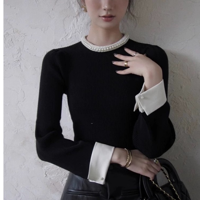 SS1509黑色圆领内搭打底衫女秋冬新款高级感修身长袖针织毛衣