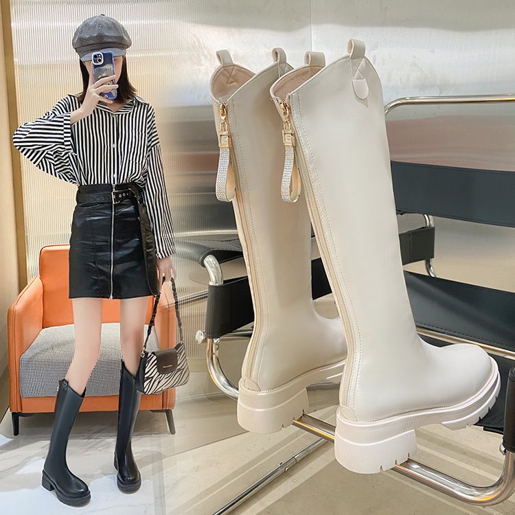 斯米尔骑士靴女2023年秋冬黑色长筒白色小个子高筒高跟加绒长靴子