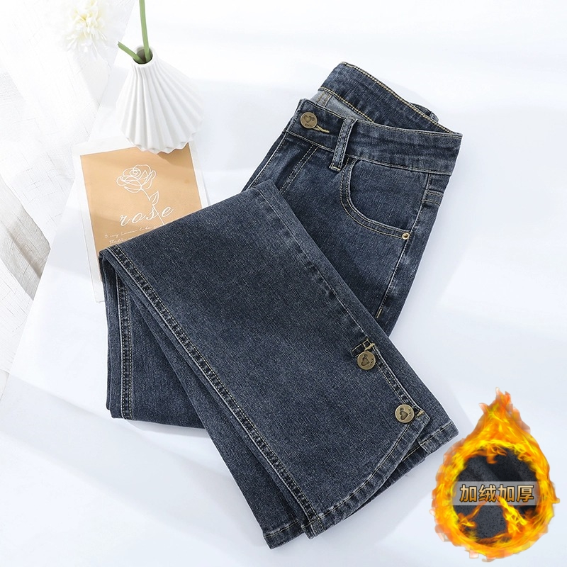高腰直筒加绒牛仔裤女2023年秋冬新款蓝灰色排扣烟管裤八分小个子