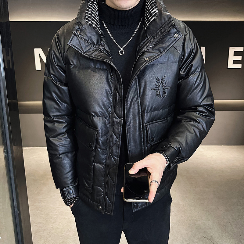 加厚皮羽绒服男士潮牌休闲2023冬季百搭保暖白鸭绒PU皮外套男冬装
