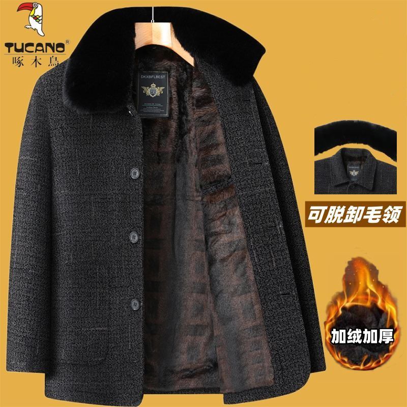 啄木鸟毛呢男外套中老年加绒脱卸内胆毛领爸爸装中长款呢子大衣冬
