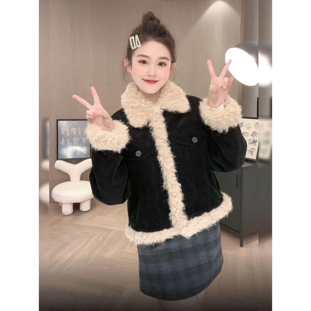 高级感韩版毛领撞复古短款牛仔夹棉外套女2022年气质拼色保暖棉衣