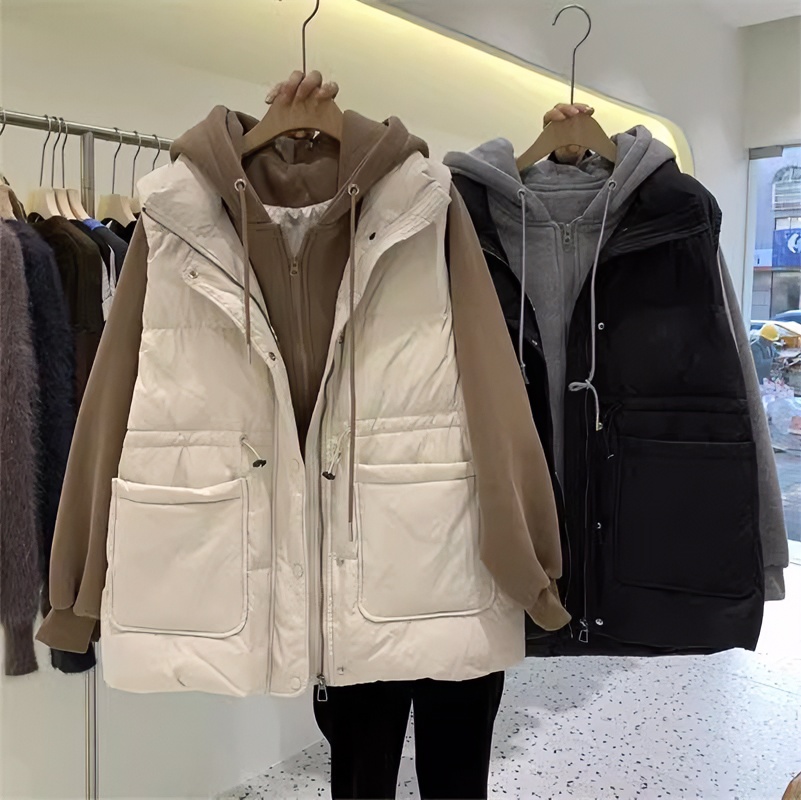 欧货宽松百搭棉服马甲拼接卫衣女秋冬新款胖mm洋气假两件棉衣外套