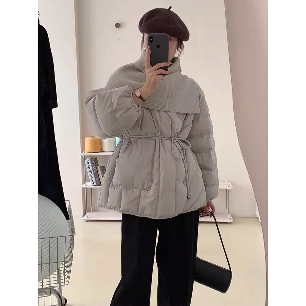 韩版宽松加厚针织披肩棉服女冬装大码设计感时尚收腰显瘦棉衣外套