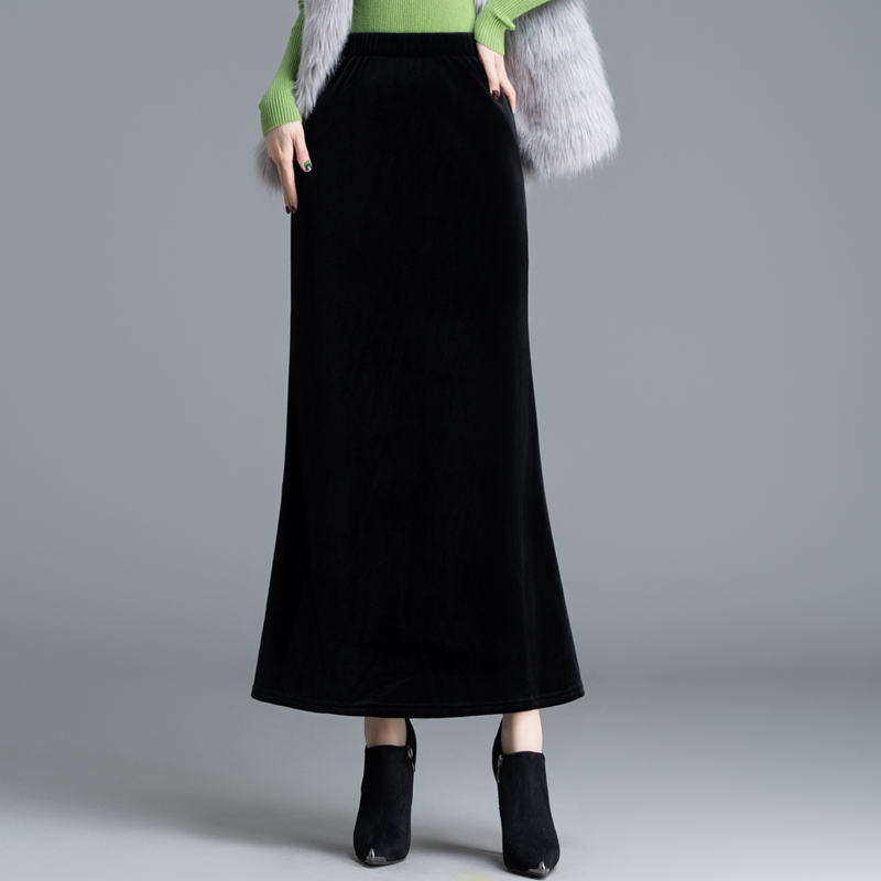 金丝绒鱼尾长裙半身裙女秋冬2023新款松紧高腰修身加绒包臀一步裙
