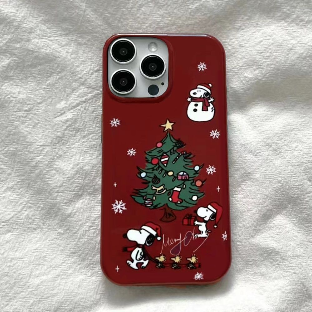 史努比圣诞树适用苹果15手机壳iPhone13promax酒红14防摔12软壳11